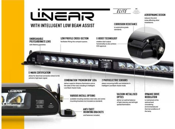 Lyspakke Lazer Linear 18 LED Elite m/Low Beam Assist og skiltbrakett med sidefester.  Universal - Bilde 4